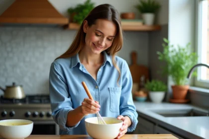 Femme en cuisine préparant mayonnaise maison dans un bol