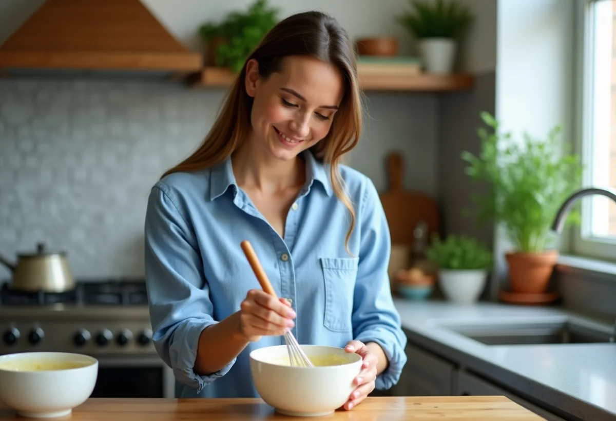 Femme en cuisine préparant mayonnaise maison dans un bol