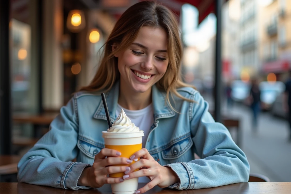 Jeune femme souriante tenant un McFlurry McDonald's en terrasse urbaine, portant une veste en jean bleu, dessert glacé vanille en gros plan