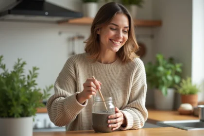 Femme dans la cuisine mélangeant des graines de chia dans un bocal