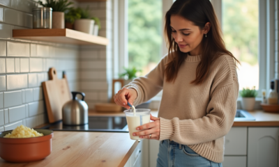 Femme verser du lait dans un verre mesureur dans la cuisine