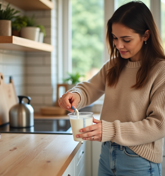 Femme verser du lait dans un verre mesureur dans la cuisine