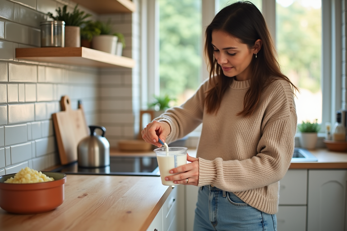 Femme verser du lait dans un verre mesureur dans la cuisine