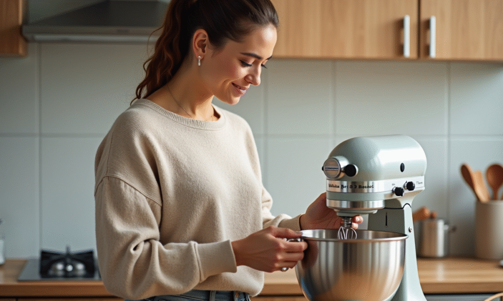 Femme détachant le bol d'un mixeur en cuisine chaleureuse