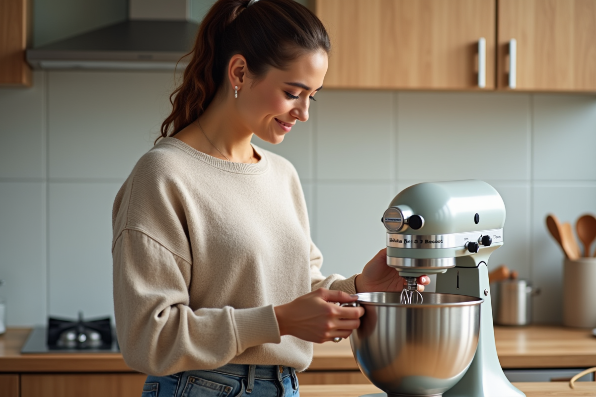 Femme détachant le bol d'un mixeur en cuisine chaleureuse