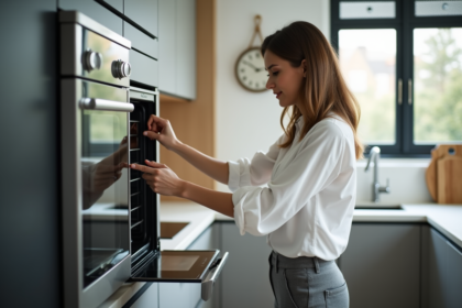 Femme ouvrant un four vapeur moderne dans une cuisine contemporaine