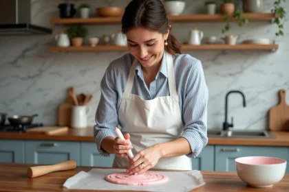 Femme en cuisine préparant des macarons roses