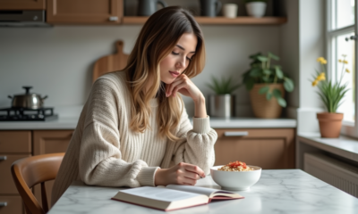 Femme dans la cuisine examine un bol de porridge keto