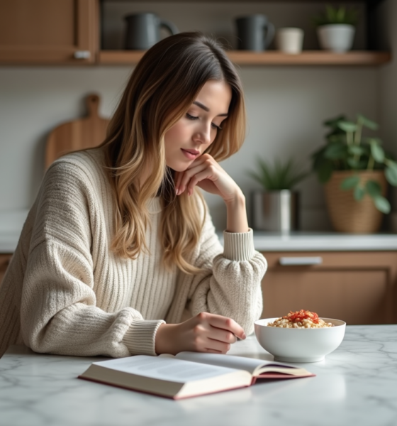 Femme dans la cuisine examine un bol de porridge keto