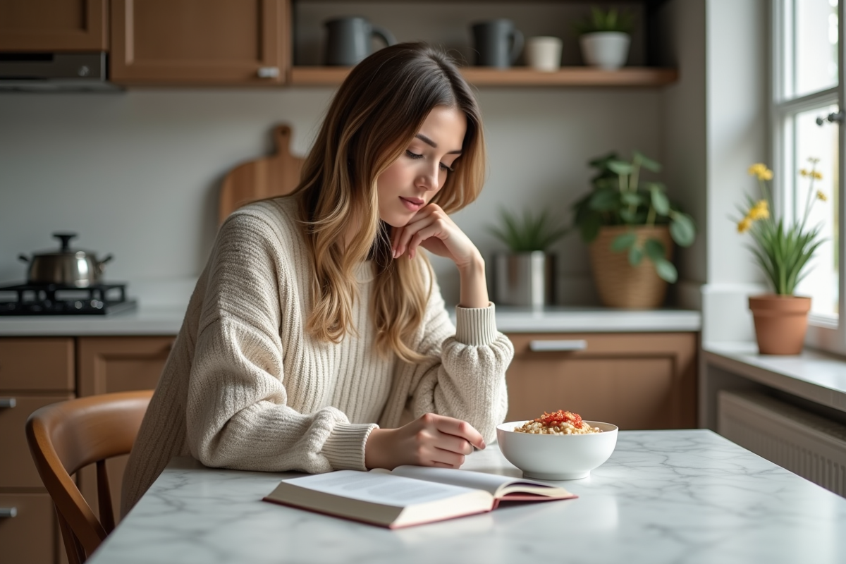 Femme dans la cuisine examine un bol de porridge keto