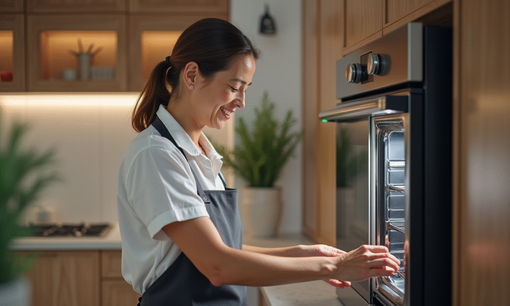 Femme ouvrant un four vapeur moderne dans une cuisine contemporaine