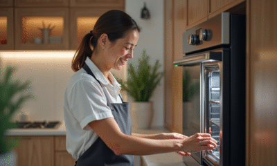 Femme ouvrant un four vapeur moderne dans une cuisine contemporaine
