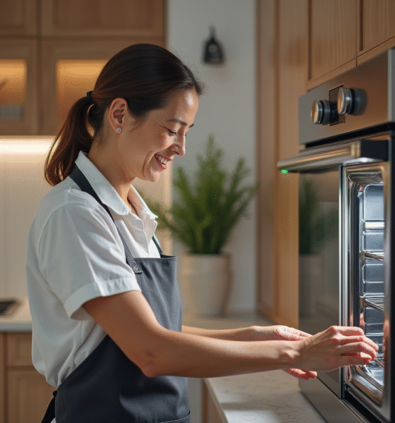 Femme ouvrant un four vapeur moderne dans une cuisine contemporaine