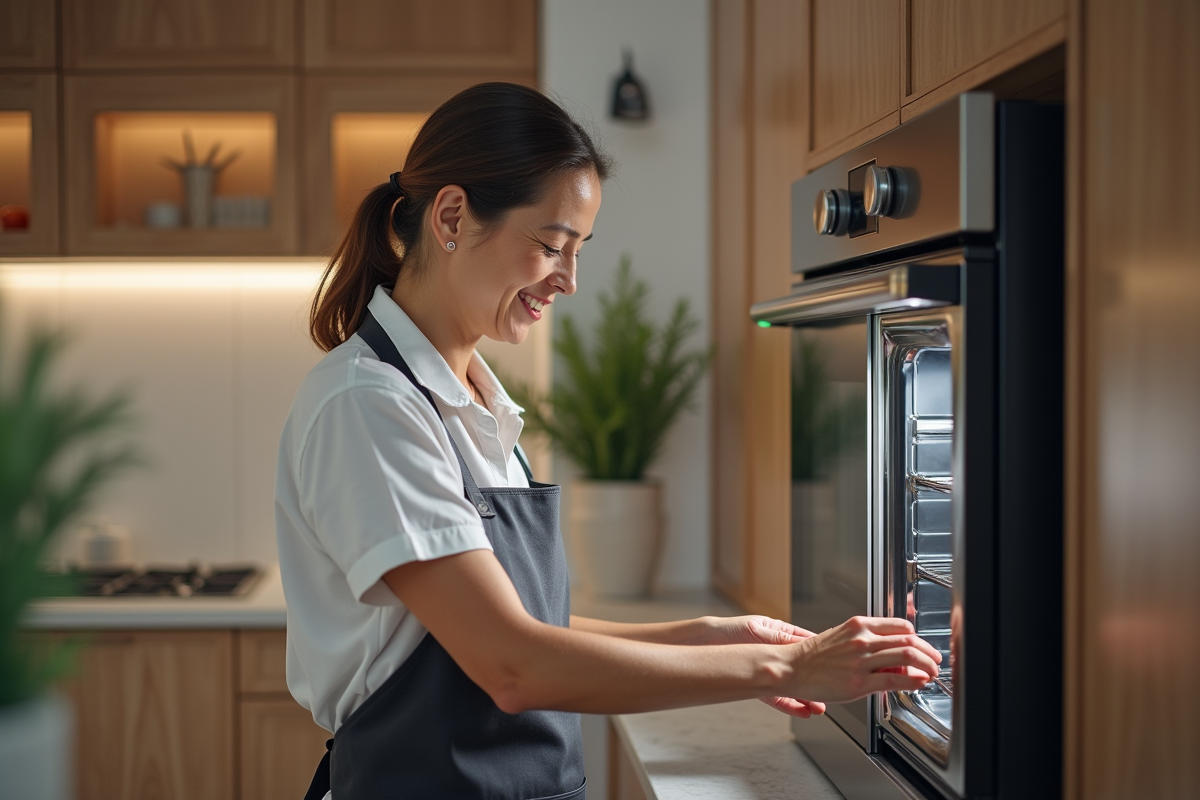 Femme ouvrant un four vapeur moderne dans une cuisine contemporaine