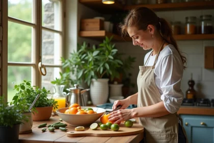 Femme en cuisine préparant un punch maison avec fruits frais