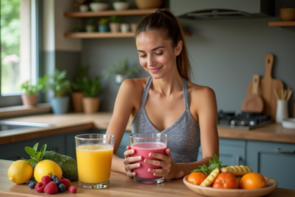 Femme en cuisine préparant un smoothie aux fruits frais