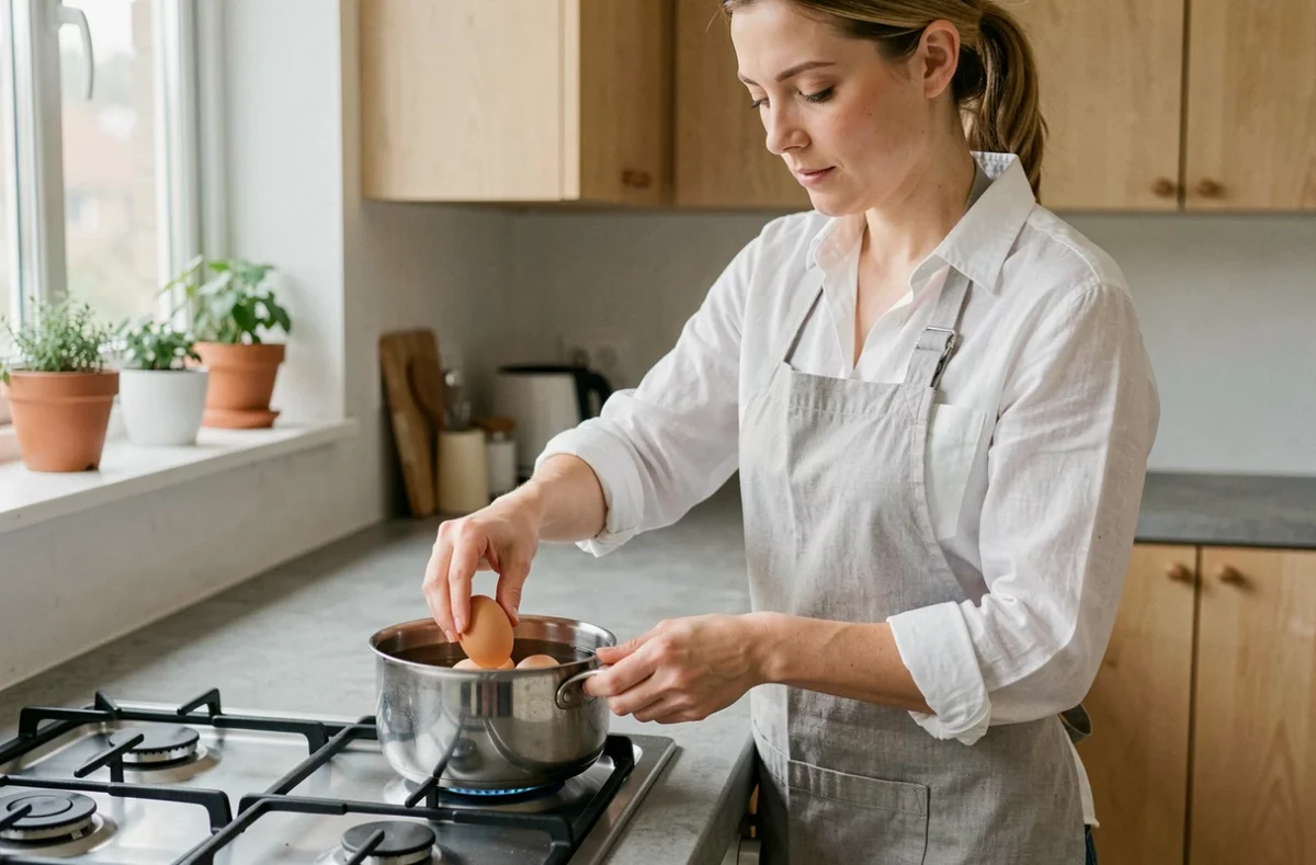 Femme en tablier gris plaçant délicatement des œufs crus dans une casserole d'eau froide sur une gazinière dans une cuisine scandinave lumineuse