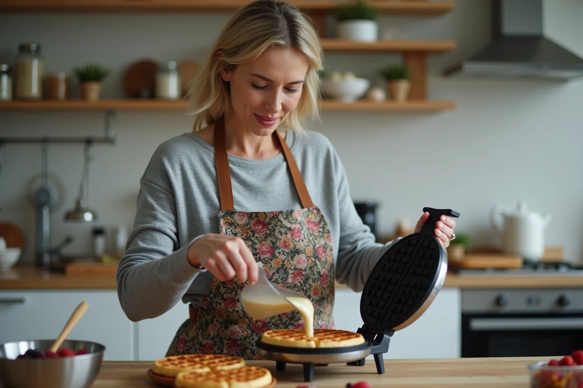 Femme versant de la pâte à gaufres dans un gaufrier électrique dans une cuisine moderne, tablier fleuri et expression concentrée