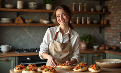 Jeune femme assemble des batbouts garnis dans une cuisine chaleureuse