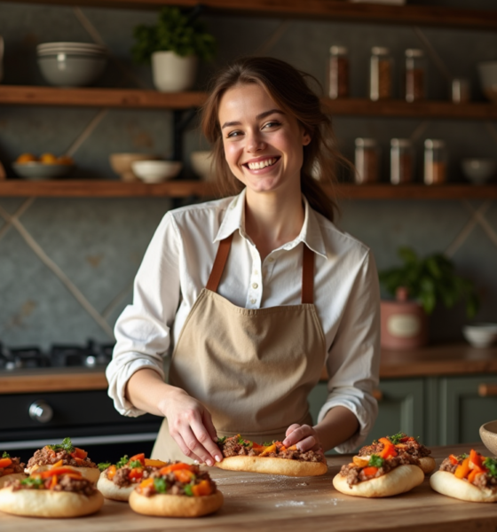 Jeune femme assemble des batbouts garnis dans une cuisine chaleureuse
