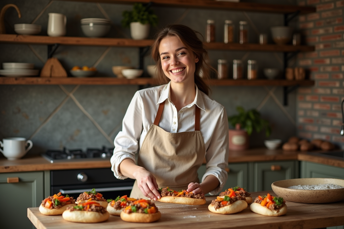 Jeune femme assemble des batbouts garnis dans une cuisine chaleureuse