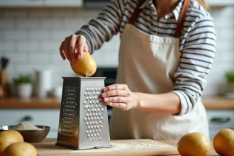 Femme râpant une pomme de terre crue sur une râpe en inox dans une cuisine domestique, étape clé pour réussir une rapée de pommes de terre