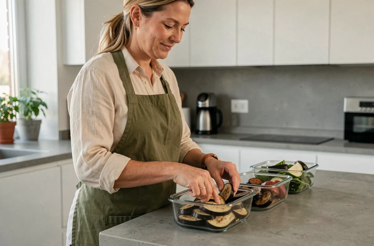 Femme préparant des aubergines rôties en portions dans des boîtes de conservation pour le batch cooking hebdomadaire