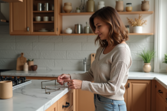 Femme arrangeant poignées de cuisine modernes dans une cuisine chaleureuse