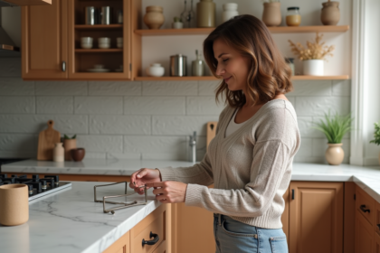 Femme arrangeant poignées de cuisine modernes dans une cuisine chaleureuse