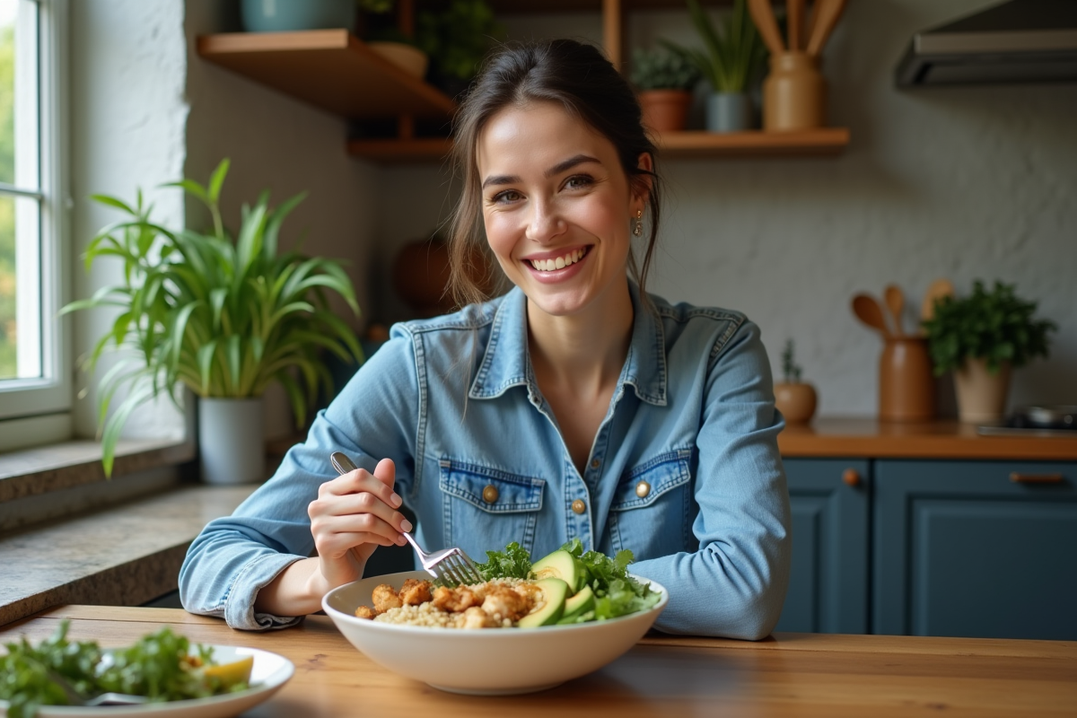 Femme souriante dégustant un bol repas équilibré à la maison