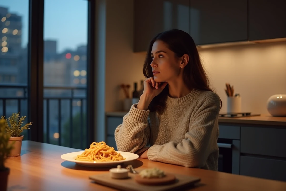 Femme pensant à son plat de pasta dans une cuisine moderne