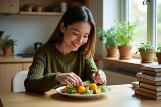 Jeune femme mangeant un repas végétal dans la cuisine