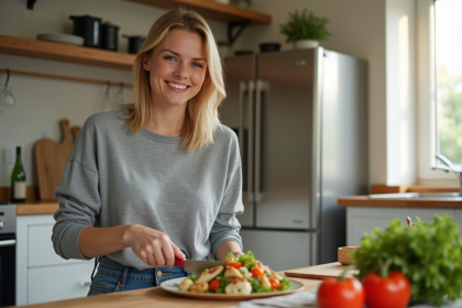 Femme souriante préparant une salade colorée dans une cuisine moderne