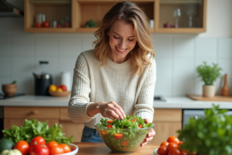 Femme préparant une salade colorée dans une cuisine lumineuse