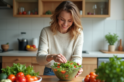 Femme préparant une salade colorée dans une cuisine lumineuse