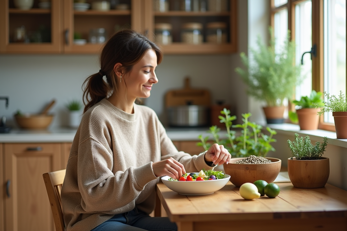 Femme préparant une salade vegan dans une cuisine chaleureuse
