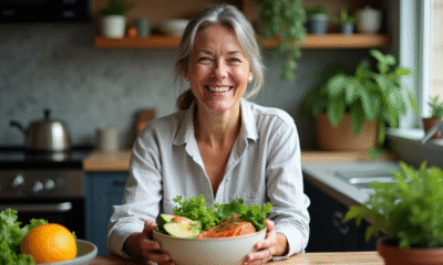 Femme souriante dans une cuisine en bois avec salade et saumon