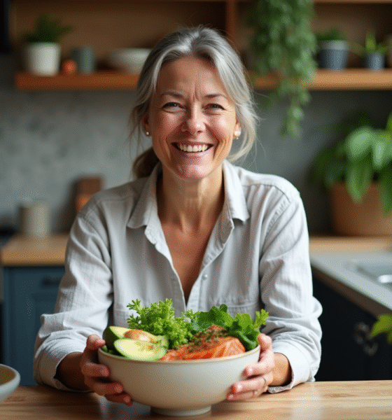 Femme souriante dans une cuisine en bois avec salade et saumon