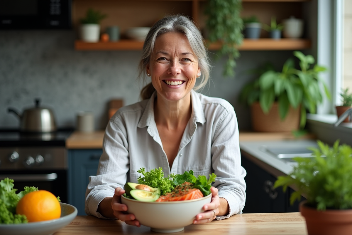 Femme souriante dans une cuisine en bois avec salade et saumon