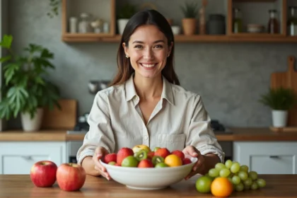 Femme souriante préparant une salade de fruits dans une cuisine lumineuse