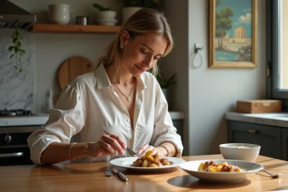 Femme élégante préparant un plat de boudin noir avec compote de pommes