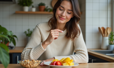 Femme choisissant entre fruits et noix dans la cuisine