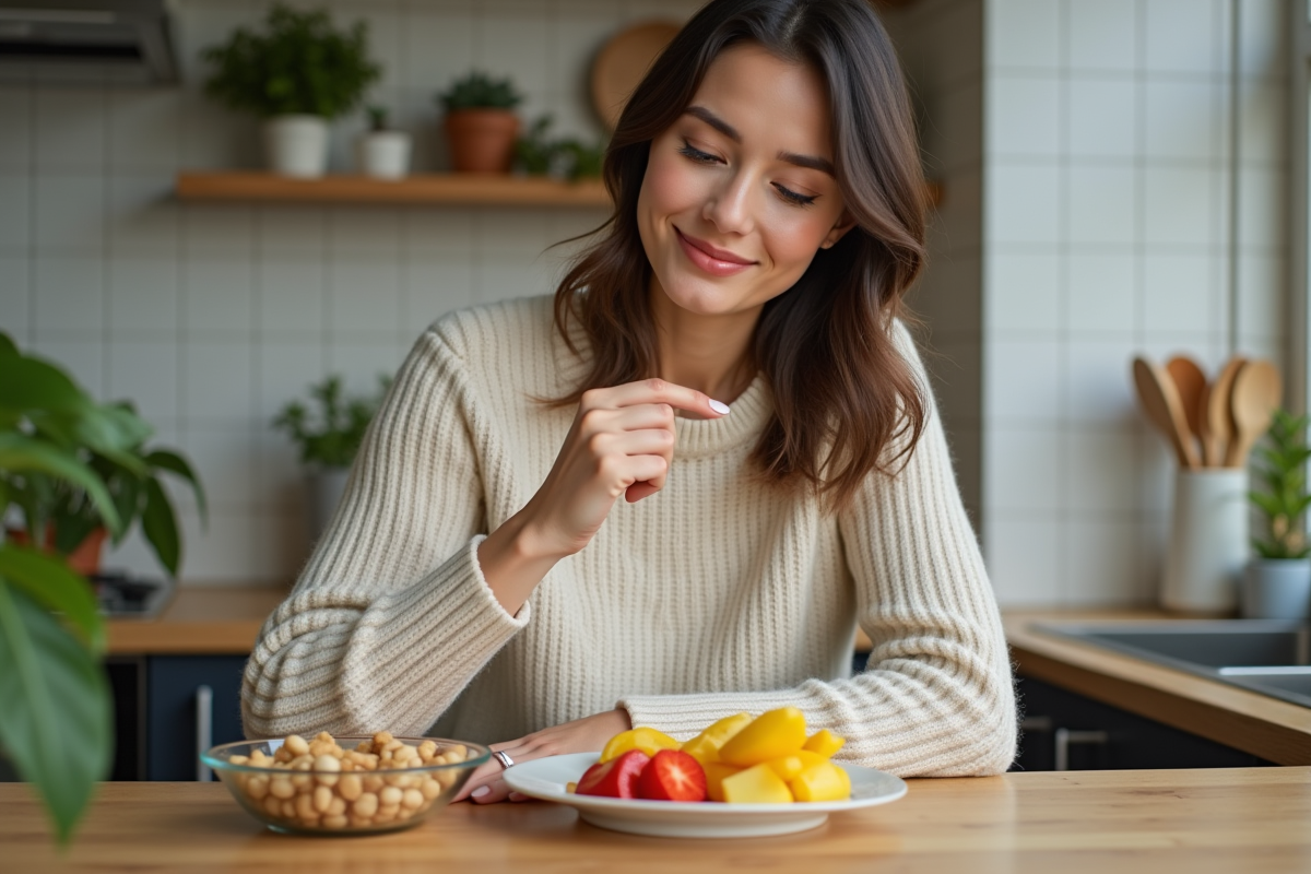 Femme choisissant entre fruits et noix dans la cuisine