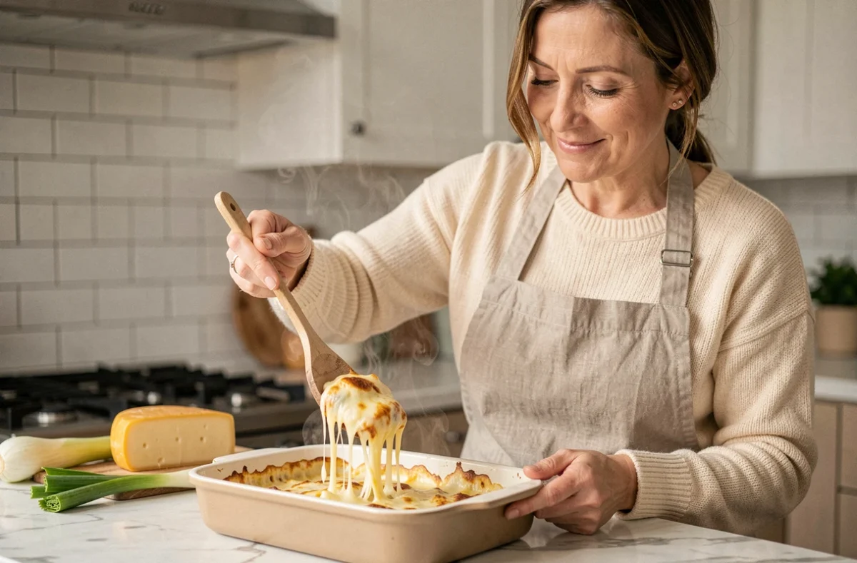 Femme servant une portion de fondue de poireaux gratinée au fromage dans une cuisine moderne et chaleureuse avec du Gruyère et des poireaux frais en arrière-plan