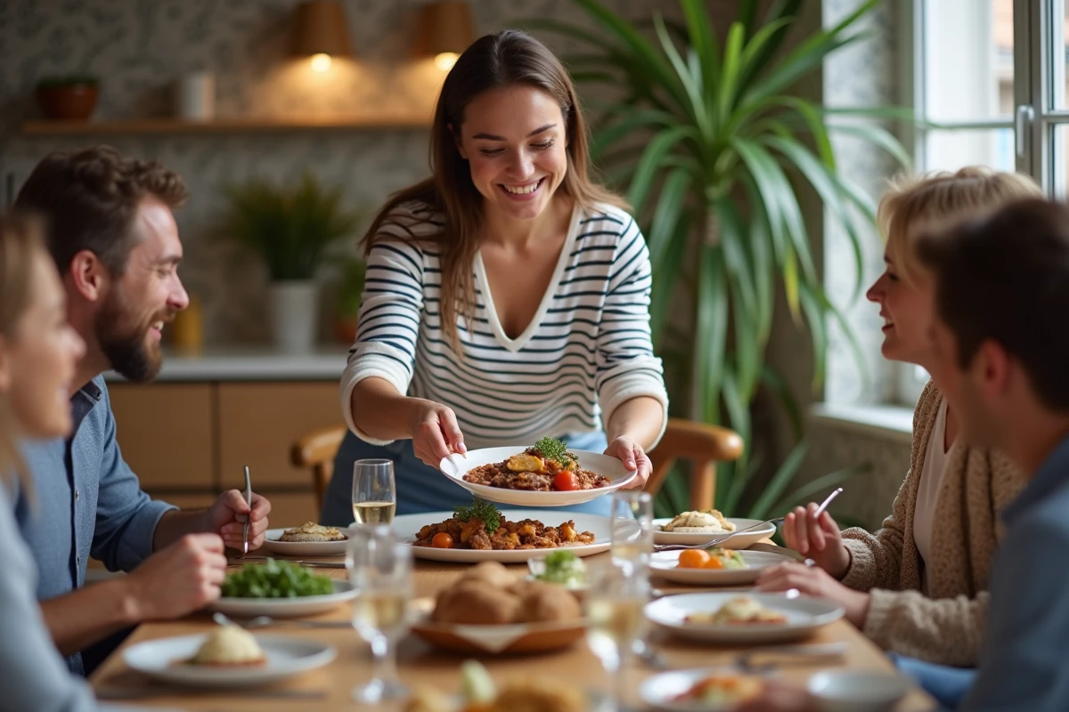 Jeune femme souriante servant du boeuf carotte à table