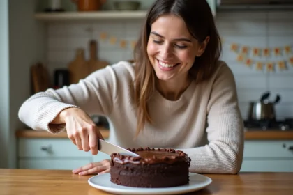 Femme souriante coupe un gâteau au chocolat dans la cuisine