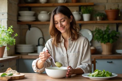Femme souriante préparant une soupe au pistou dans une cuisine provençale