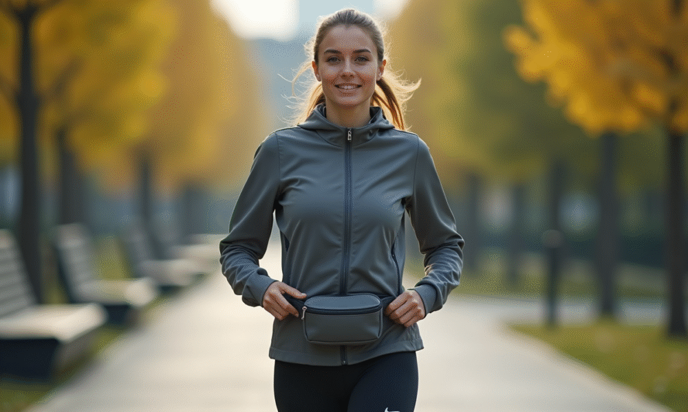 Jeune femme en jogging ajustant son sac à la taille dans un parc urbain