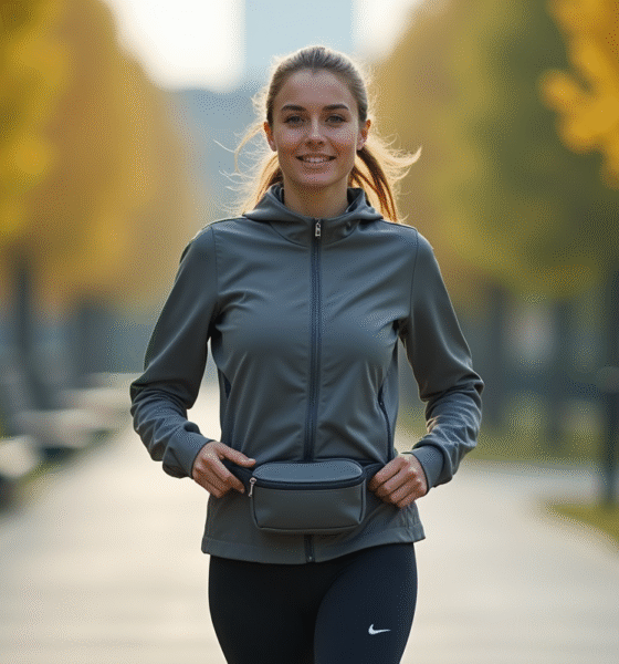 Jeune femme en jogging ajustant son sac à la taille dans un parc urbain