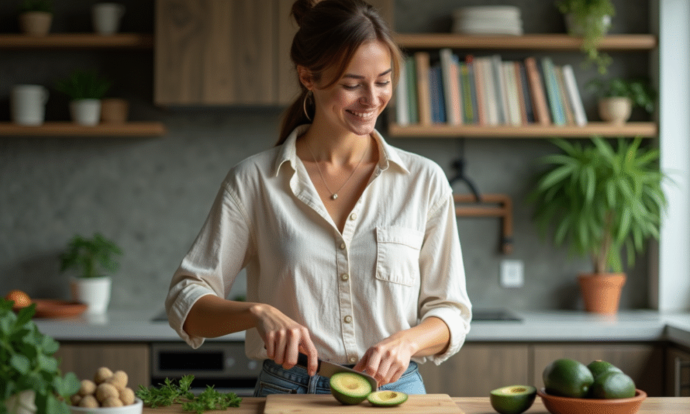 Femme tranchant un avocat dans une cuisine moderne